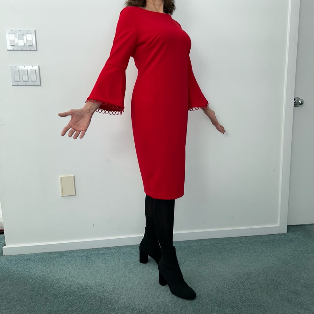 Calvin Klein Red Bell Sleeve Sheath Dress Size 8